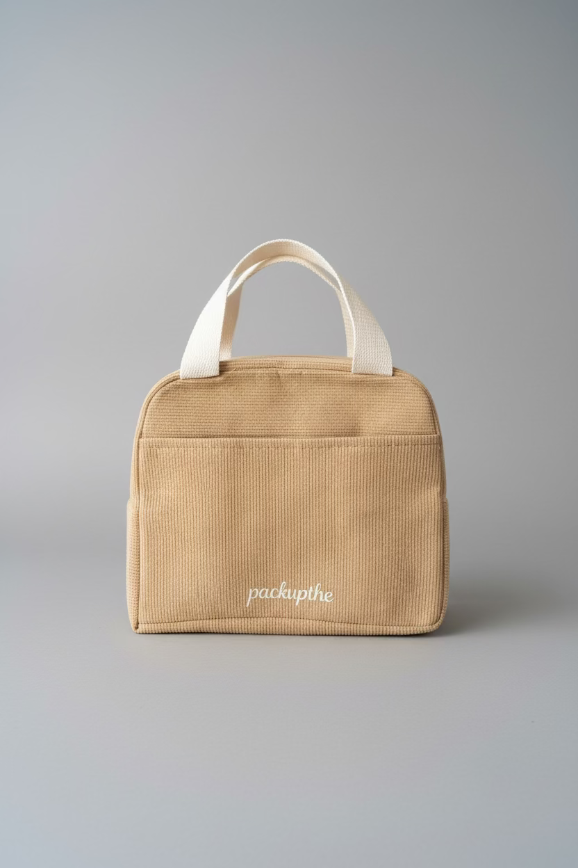 A beige corduroy bag with white fabric handles and the brand name 'packupthe' embroidered in white on the front, set against a gray stone wall background.