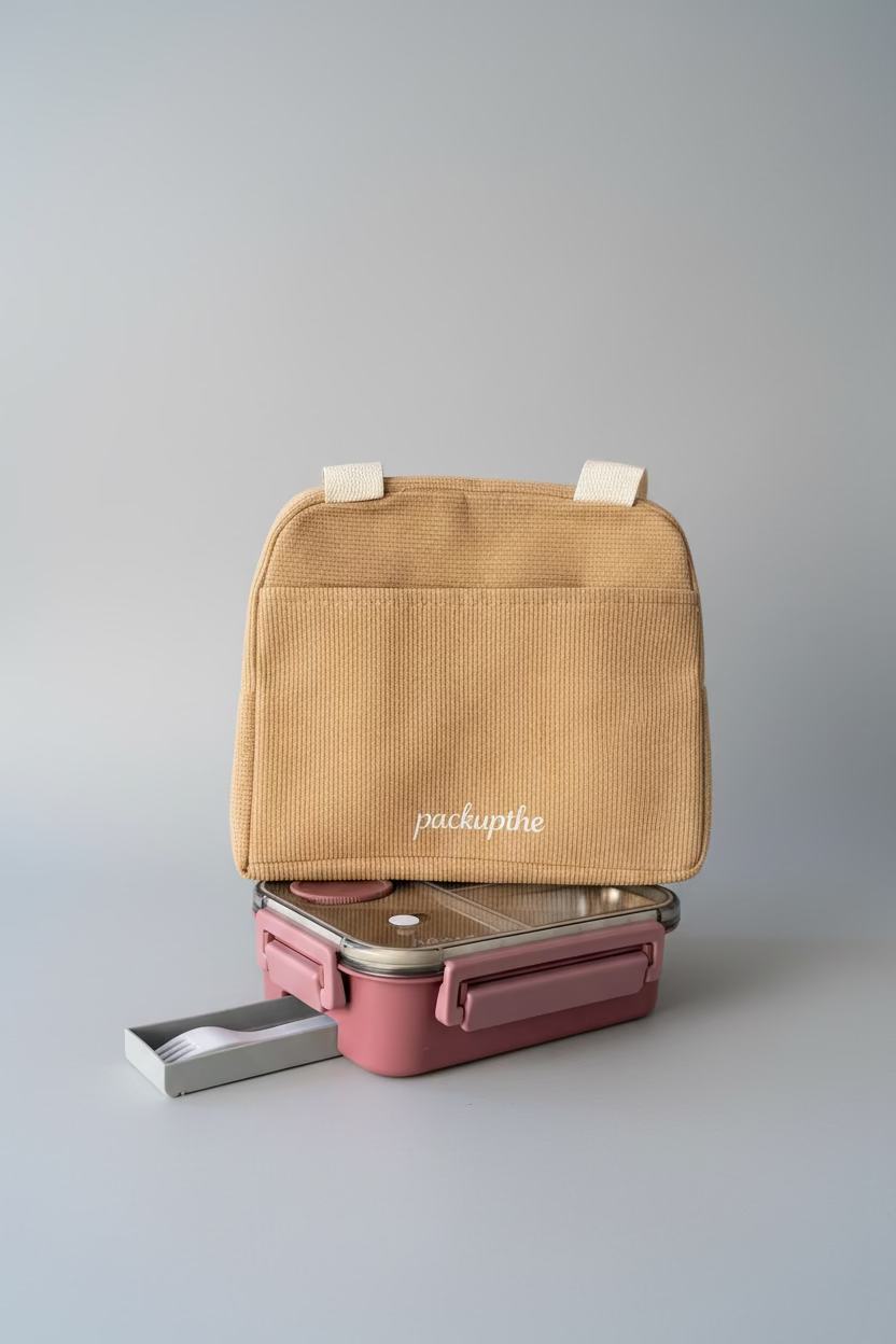 A beige canvas lunch bag with white handles sits on top of a pink bento box with a metal tray and a small white utensil, photographed on a light gray studio background. The bag has the brand name 'packupthe' printed on it.